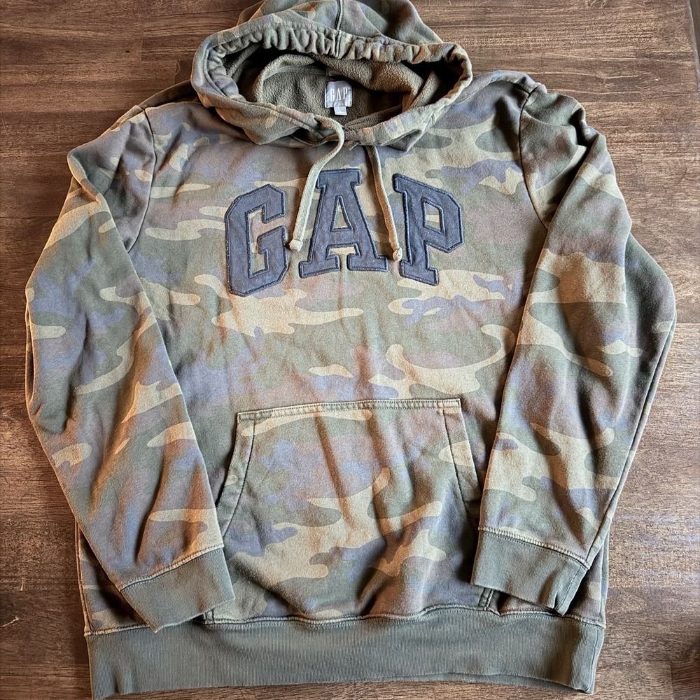 Gap Camo Pullover Hoodie Men's Size Large Black logo Front Pocket